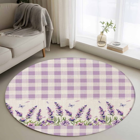 Washable Round Area Rug Farmhouse Lavender Butterfly Circle Rugs Floor Carpet for Living Room Bedroom, Vintage Purple Linen Buffalo Plaid Soft Non Slip Round Rug 3ft