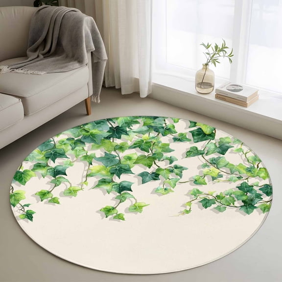 Washable Round Area Rug Farmhouse Leaf Vine Circle Rugs Floor Carpet for Living Room Bedroom, Rustic Green Leaves on Beige Soft Non Slip Round Rug 3ft