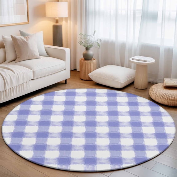 Washable Round Area Rug Farmhouse Pastoral Lavender Lattice Circle Rugs Floor Carpet for Living Room Bedroom, Purple Buffalo Checkered Soft Non Slip Round Rug 3ft