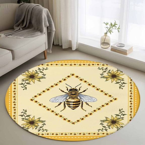 Washable Round Area Rug Farmhouse Sunflower Bee Circle Rugs Floor Carpet for Living Room Bedroom, Pastoral Floral Retro Yellow Theme Soft Non Slip Round Rug 3ft