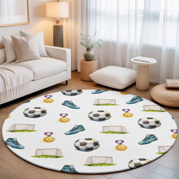 Washable Round Area Rug Football Medal Training Day Circle Rugs Floor Carpet for Living Room Bedroom, Soccer Equipment Icons Soft Non Slip Round Rug 3ft