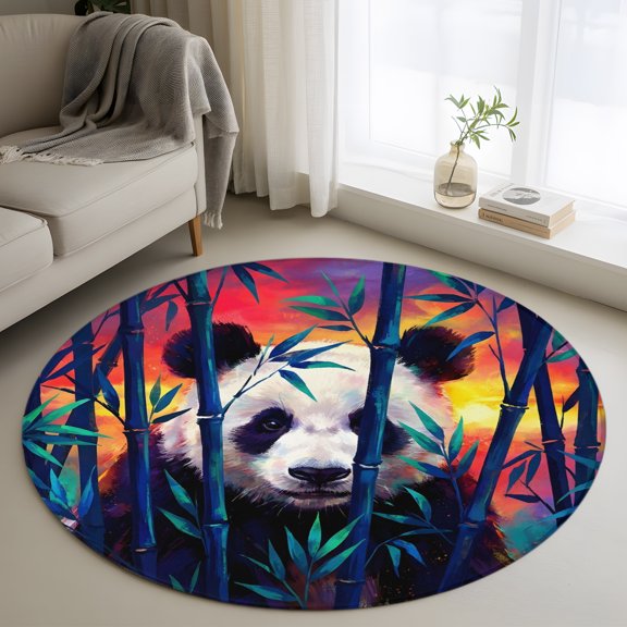 Washable Round Area Rug Funny Animal Giant Panda Circle Rugs Floor Carpet for Living Room Bedroom, Green Plants Bamboos Soft Non Slip Round Rug 4ft