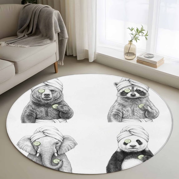 Washable Round Area Rug Funny Animal SPA Sketch Art Circle Rugs Floor Carpet for Living Room Bedroom, Bear Panda Elephant Raccoon Soft Non Slip Round Rug 4ft