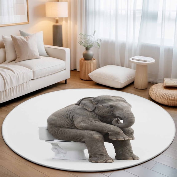 Washable Round Area Rug Funny Elephant on Toilets Circle Rugs Floor Carpet for Living Room Bedroom, Abstract Animal Soft Non Slip Round Rug 3ft