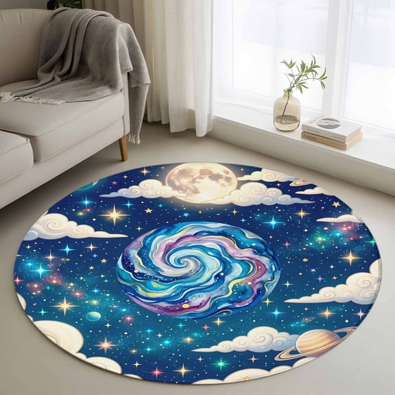 Washable Round Area Rug Galaxy Earth Stars Moon Planets Circle Rugs Floor Carpet for Living Room Bedroom, Dream Sky Cloud Soft Non Slip Round Rug 3ft