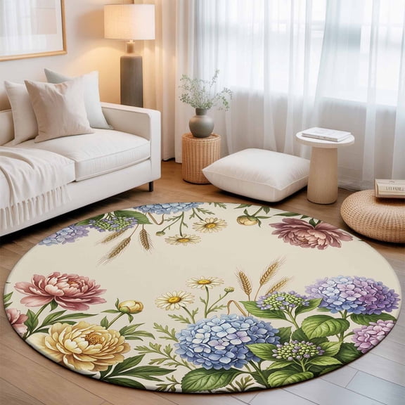 Washable Round Area Rug Garden Watercolor Hydrangea Circle Rugs Floor Carpet for Living Room Bedroom, Spring Peony Flower Daisy on Beige Soft Non Slip Round Rug 3ft