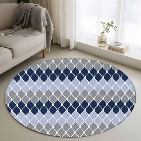 Washable Round Area Rug Geometric Ombre Curve Line Circle Rugs Floor Carpet for Living Room Bedroom, Navy Blue Grey Soft Non Slip Round Rug 3ft