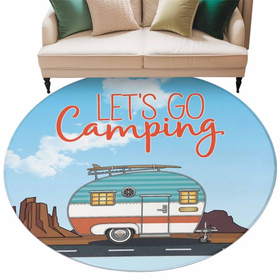 Washable Round Area Rug Let's Go Camping Words Circle Rugs Floor Carpet for Living Room Bedroom, Blue White Travel Camper Van Soft Non Slip Round Rug 5ft
