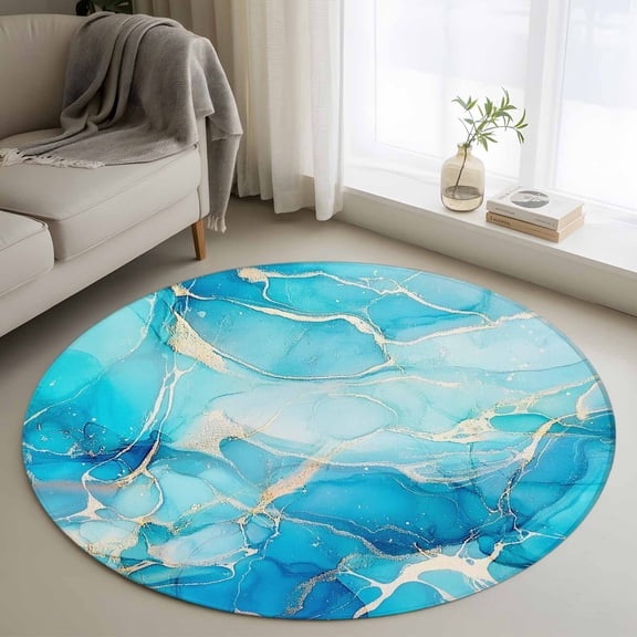 Washable Round Area Rug Gradient Blue Marble Texture Circle Rugs Floor Carpet for Living Room Bedroom, Abstract Geometric Seamless Soft Non Slip Round Rug 3ft