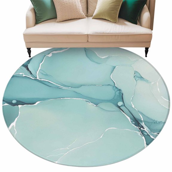 Washable Round Area Rug Gradient Marble Agate Stone Circle Rugs Floor Carpet for Living Room Bedroom, Aqua White Ombre Lines Soft Non Slip Round Rug 5ft