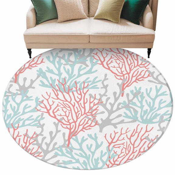Washable Round Area Rug Gradient Ocean Sea Coral Circle Rugs Floor Carpet for Living Room Bedroom, Grey Red Aqua Sealife Soft Non Slip Round Rug 5ft