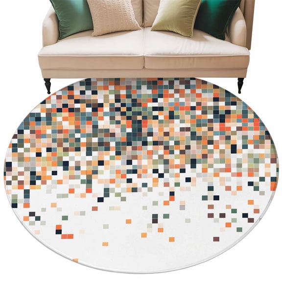 Washable Round Area Rug Gradient Orange Red Color Block Circle Rugs Floor Carpet for Living Room Bedroom, Abstract Brown Geometric Soft Non Slip Round Rug 5ft