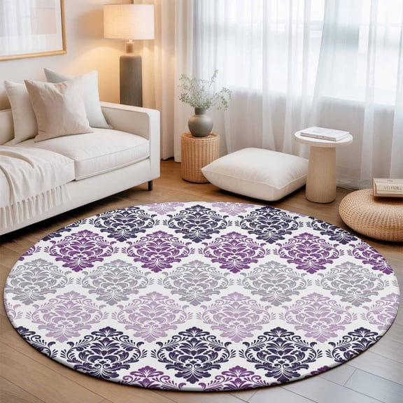 Washable Round Area Rug Gradient Purple Floral Texture Circle Rugs Floor Carpet for Living Room Bedroom, Retro Ethnic Pattern Soft Non Slip Round Rug 3ft