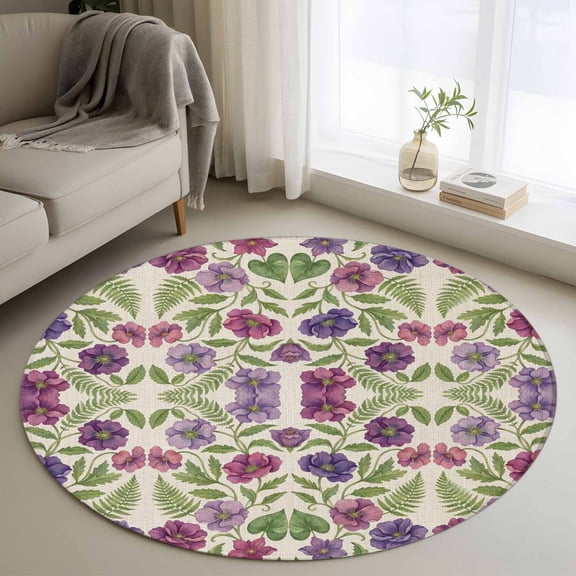 Washable Round Area Rug Gradient Purple Flowers Leaves Circle Rugs Floor Carpet for Living Room Bedroom, Pastoral Vintage Linen Soft Non Slip Round Rug 3ft