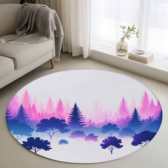 Washable Round Area Rug Gradient Purple Forest Leaves Circle Rugs Floor Carpet for Living Room Bedroom, Modern Abstract Trees Soft Non Slip Round Rug 3ft