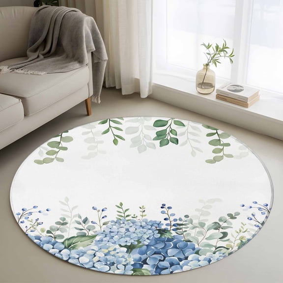 Washable Round Area Rug Green Eucalyptus Leaf Blue Hydrangea Circle Rugs Floor Carpet for Living Room Bedroom, Blossom Floral Soft Non Slip Round Rug 3ft