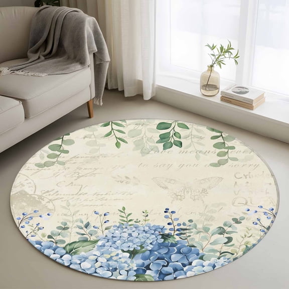Washable Round Area Rug Green Eucalyptus Leaves Blue Hydrangea Flower Circle Rugs Floor Carpet for Living Room Bedroom, Retro Letter Soft Non Slip Round Rug 3ft