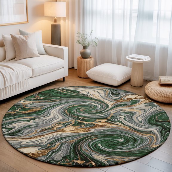 Washable Round Area Rug Green Gold Marble Swirl Fluid Pattern Circle Rugs Floor Carpet for Living Room Bedroom, Agate Stone Texture Soft Non Slip Round Rug 3ft