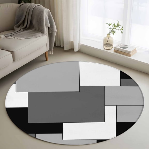 Washable Round Area Rug Grey Art Color Block Geometry Grid Circle Rugs Floor Carpet for Living Room Bedroom, Abstract Soft Non Slip Round Rug 3ft