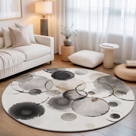 Washable Round Area Rug Grey Color Block Polka Dot Circle Rugs Floor Carpet for Living Room Bedroom, Abstract Geometric Soft Non Slip Round Rug 3ft