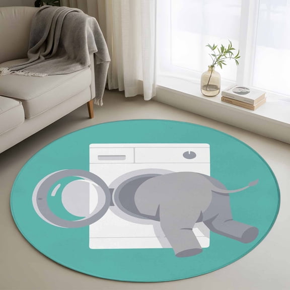 Washable Round Area Rug Grey Elephant Abstract Animal Circle Rugs Floor Carpet for Living Room Bedroom, Funny Animals Soft Non Slip Round Rug 4ft