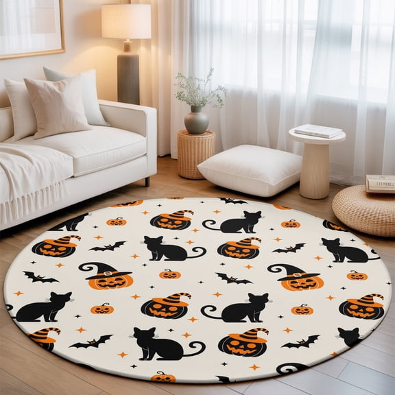 Washable Round Area Rug Halloween Cat Pumpkin Ghost Circle Rugs Floor Carpet for Living Room Bedroom, Bat Orange Black Beige Soft Non Slip Round Rug 3ft