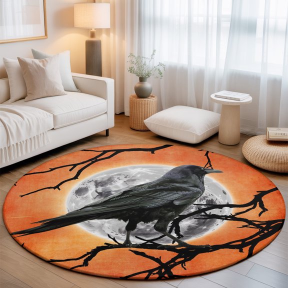 Washable Round Area Rug Halloween Crow Moon Orange Gradient Circle Rugs Floor Carpet for Living Room Bedroom, Dead Branches Soft Non Slip Round Rug 3ft