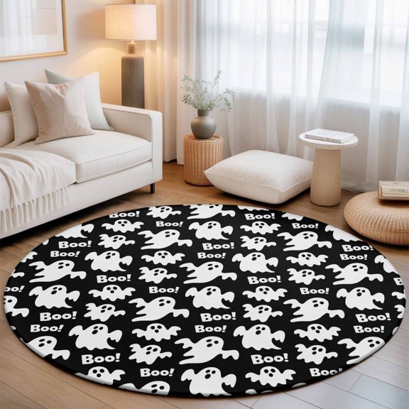 Washable Round Area Rug Halloween Ghost Boo Text Circle Rugs Floor Carpet for Living Room Bedroom, Horror Black White Soft Non Slip Round Rug 3ft