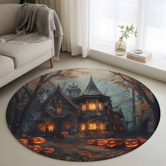 Washable Round Area Rug Halloween Scary House Pumpkin Ghost Circle Rugs Floor Carpet for Living Room Bedroom, Horror Night Forest Soft Non Slip Round Rug 4ft