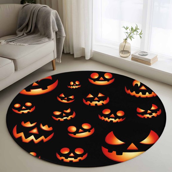 Washable Round Area Rug Halloween Scary Pumpkin Ghost Circle Rugs Floor Carpet for Living Room Bedroom, Orange Black Soft Non Slip Round Rug 4ft