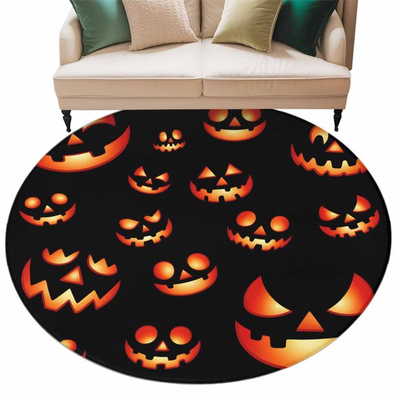 Washable Round Area Rug Halloween Scary Pumpkin Ghost Circle Rugs Floor Carpet for Living Room Bedroom, Orange Black Soft Non Slip Round Rug 5ft