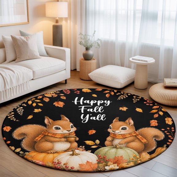 Washable Round Area Rug Happy Fall Y'all Squirrel Circle Rugs Floor Carpet for Living Room Bedroom, Thanksgiving Pumpkins Sunflowers Soft Non Slip Round Rug 3ft