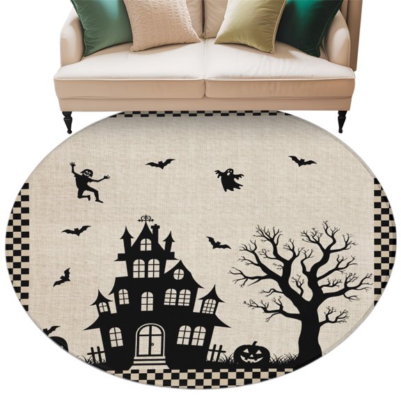 Washable Round Area Rug Happy Halloween Haunted Castle Dead Trees Pumpkin Ghost Circle Rugs Floor Carpet for Living Room Bedroom, Retro Black Check Soft Non Slip Round Rug 5ft