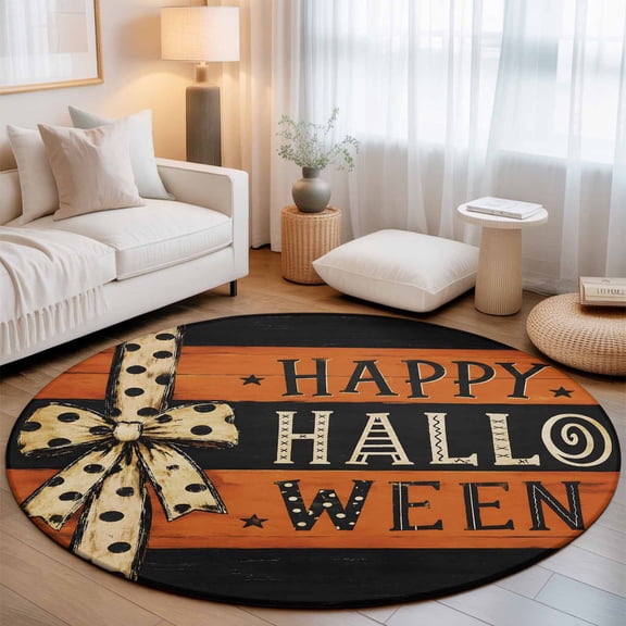 Washable Round Area Rug Happy Halloween Words on Wood Circle Rugs Floor Carpet for Living Room Bedroom, Black Brown Striped Soft Non Slip Round Rug 3ft