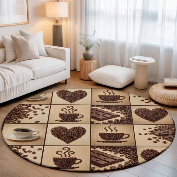 Washable Round Area Rug Heart Shape Coffee Beans Circle Rugs Floor Carpet for Living Room Bedroom, Chocolate Bar Soft Non Slip Round Rug 3ft