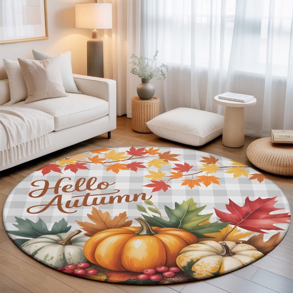 Washable Round Area Rug Hello Autumn Pumpkins Circle Rugs Floor Carpet for Living Room Bedroom, Maple Leaf Jam on Grey Plaid Soft Non Slip Round Rug 3ft