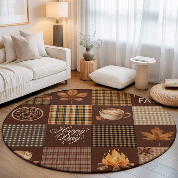 Washable Round Area Rug Hello Fall Happy Day Words Circle Rugs Floor Carpet for Living Room Bedroom, Maple Leaves Coffee Soft Non Slip Round Rug 3ft