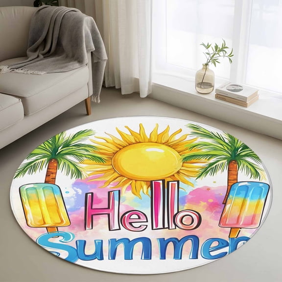 Washable Round Area Rug Hello Summer Text Sun Palm Tree Circle Rugs Floor Carpet for Living Room Bedroom, Colorful Ocean Seaside Theme Soft Non Slip Round Rug 3ft