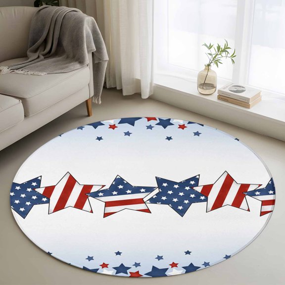 Washable Round Area Rug Independence Day Pentagram Red Stripe Star Seamless Circle Rugs Floor Carpet for Living Room Bedroom, Blue Gradient Soft Non Slip Round Rug 3ft