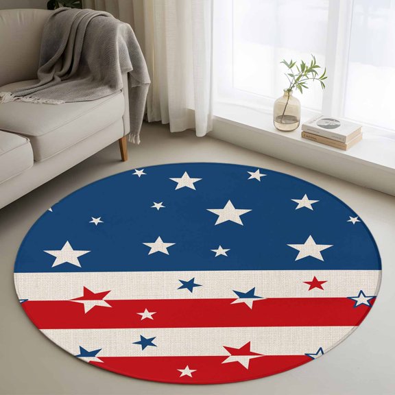 Washable Round Area Rug Independence Day Stars Red Stripe USA Flag Patriot Circle Rugs Floor Carpet for Living Room Bedroom, Pentagram on Blue Vintage Linen Soft Non Slip Round Rug 3ft
