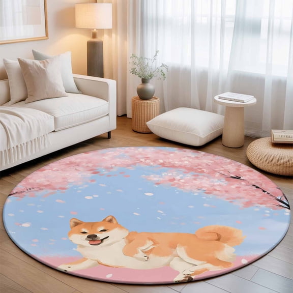 Washable Round Area Rug Japanese Cute Akita Dogs Circle Rugs Floor Carpet for Living Room Bedroom, Cherry Blossoms Flowers Soft Non Slip Round Rug 3ft