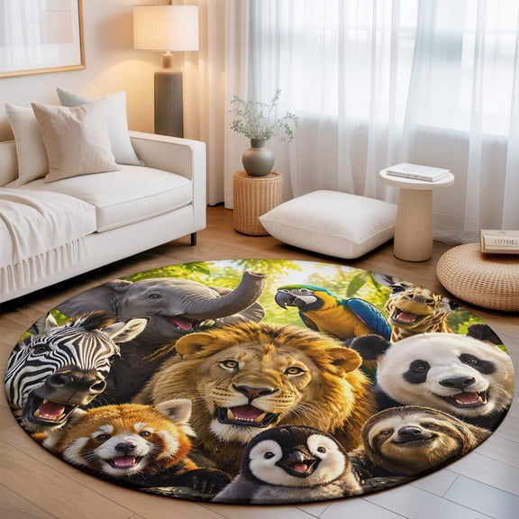 Washable Round Area Rug Jungle Animals Elephant Lion Pattern Circle Rugs Floor Carpet for Living Room Bedroom, Zebra Panda Sloth Soft Non Slip Round Rug 3ft