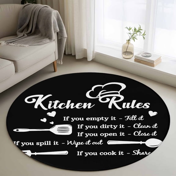 Washable Round Area Rug Kitchen Rules Black and White Circle Rugs Floor Carpet for Living Room Bedroom, Kitchens Utensils Appliances Soft Non Slip Round Rug 3ft
