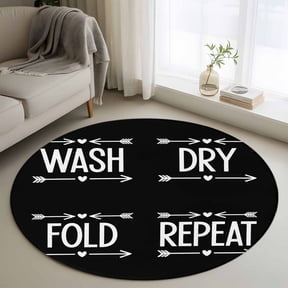 Washable Round Area Rug Laundry Text Arrows Circle Rugs Floor Carpet for Living Room Bedroom, Black White Word Soft Non Slip Round Rug 3ft