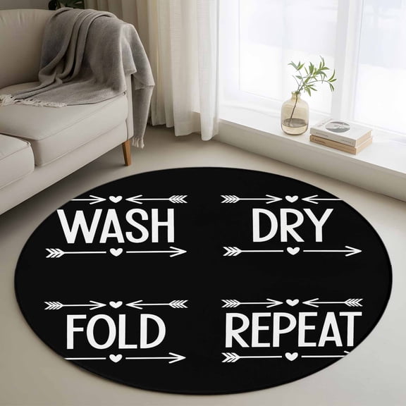 Washable Round Area Rug Laundry Text Arrows Circle Rugs Floor Carpet for Living Room Bedroom, Black White Word Soft Non Slip Round Rug 3ft