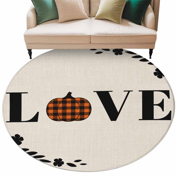 Washable Round Area Rug Love Fall Farm Pumpkins Circle Rugs Floor Carpet for Living Room Bedroom, Vintage Leaf on Linen Soft Non Slip Round Rug 5ft