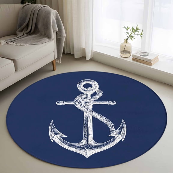 Washable Round Area Rug Marine Coastal Anchor on Military Blue Circle Rugs Floor Carpet for Living Room Bedroom, Coastal Nautical Soft Non Slip Round Rug 4ft