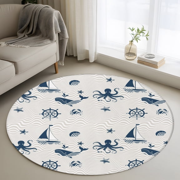 Washable Round Area Rug Marine Life Whales Octopus Circle Rugs Floor Carpet for Living Room Bedroom, Abstract Geometric Stripes Soft Non Slip Round Rug 4ft