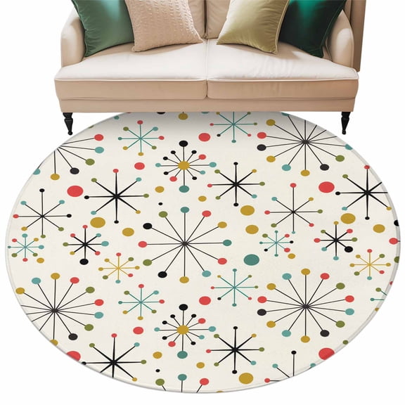 Washable Round Area Rug Mid Century Abstract Geometric Circle Rugs Floor Carpet for Living Room Bedroom, Modern Colorful Atomic Soft Non Slip Round Rug 5ft