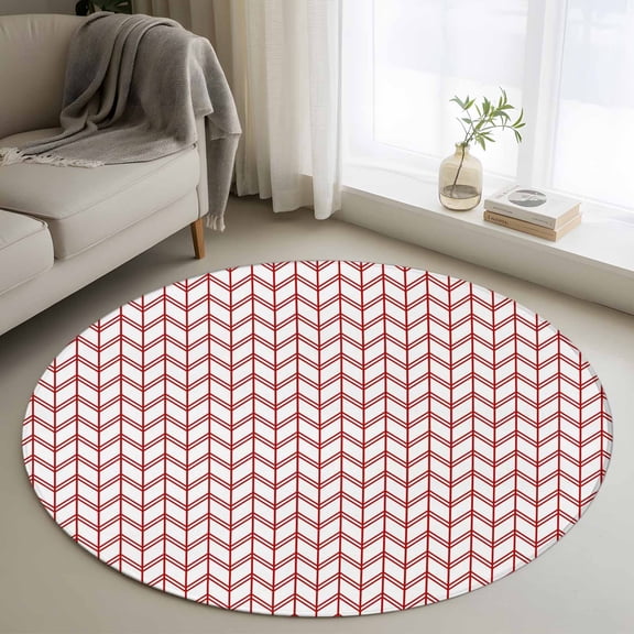 Washable Round Area Rug Minimalist Red Herringbone Texture Circle Rugs Floor Carpet for Living Room Bedroom, Modern Geometric Stripe Soft Non Slip Round Rug 4ft
